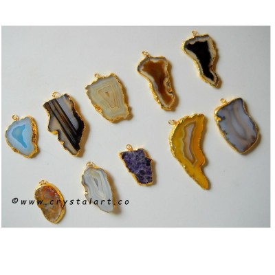 Assorted Natural Banded Agate Electroplated Slices Pendants